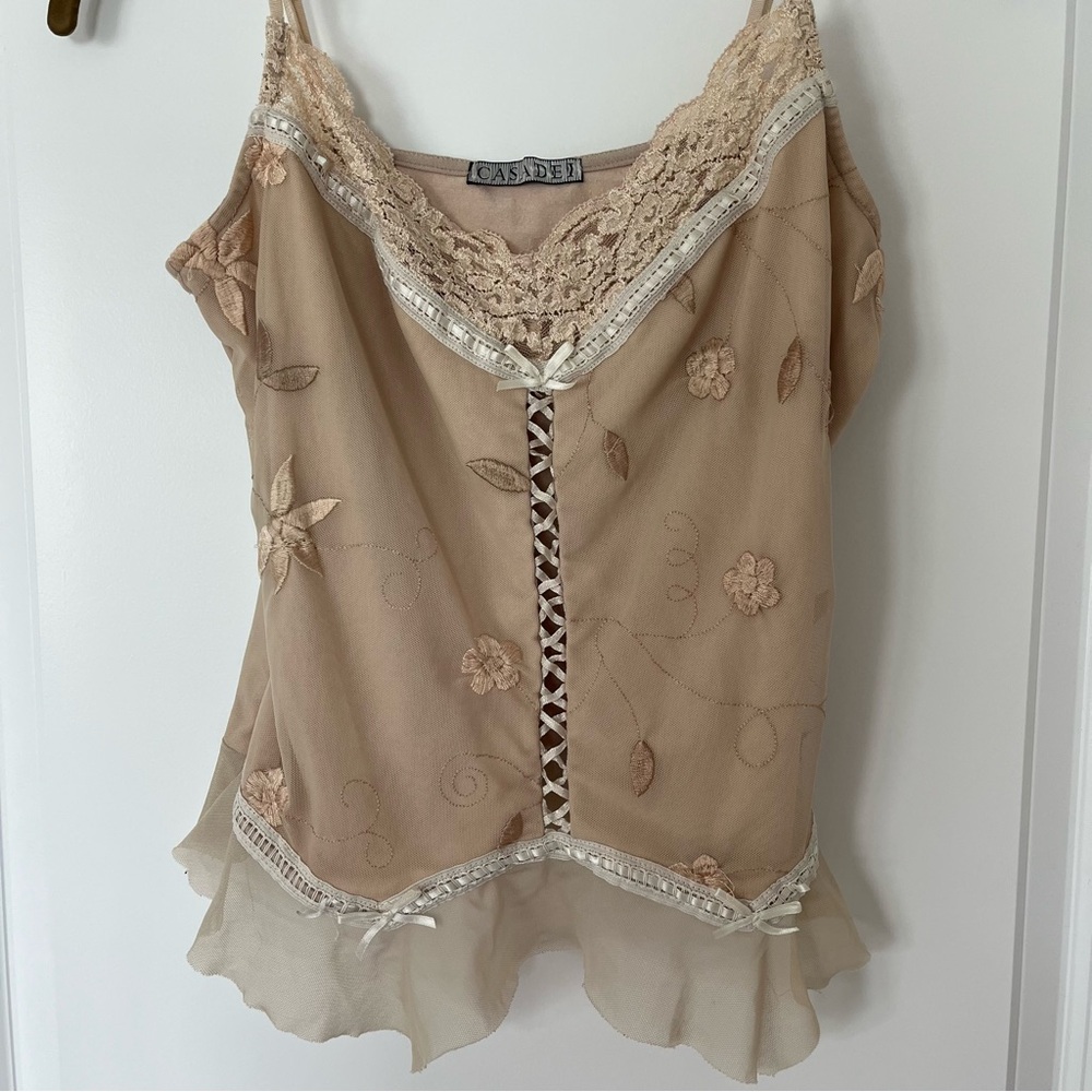 Casadei Medium Nude Beige Lace Trim Camisole Top with Lace Detail - Picture 2 of 6